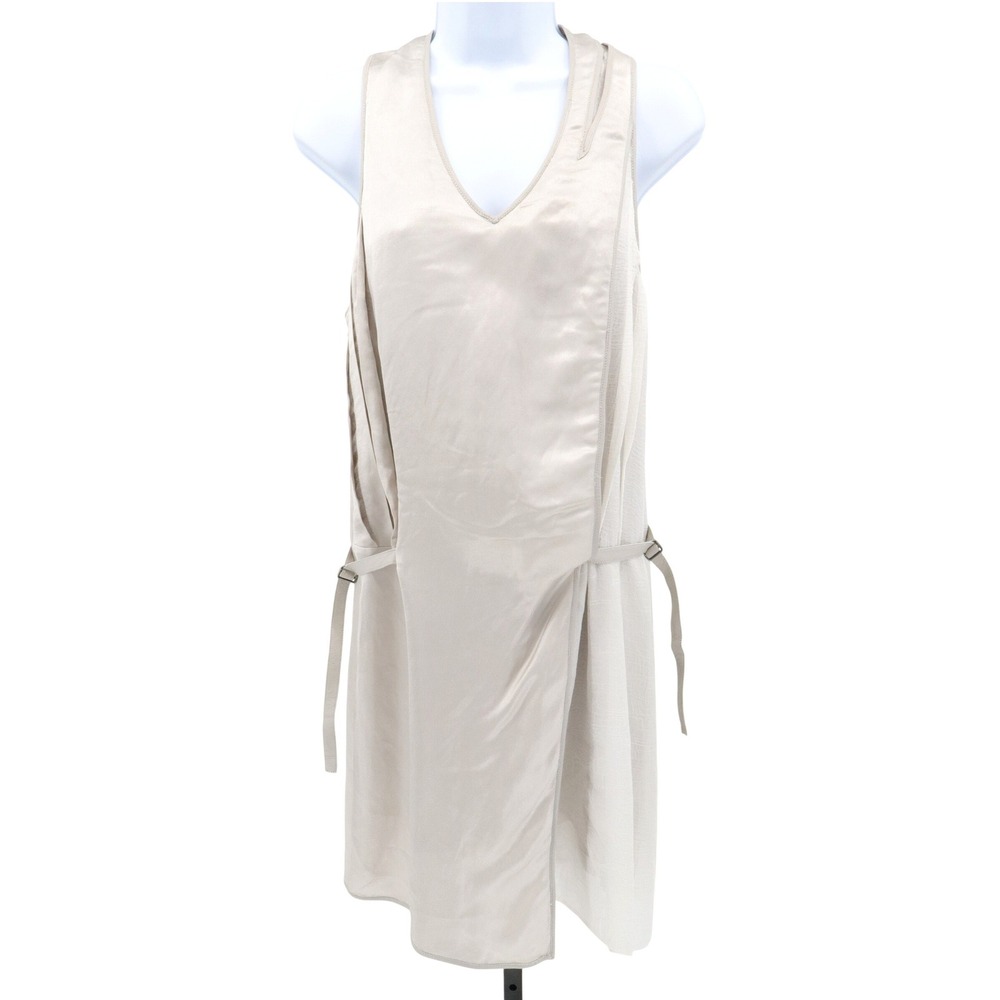 Helmut Lang Ivory Satin Mixed Media Overlay Tunic Dress Leather Trim Size 0